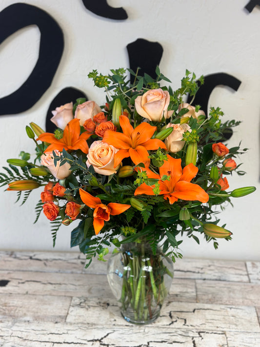 Fiery Lily and Rose Bouquet